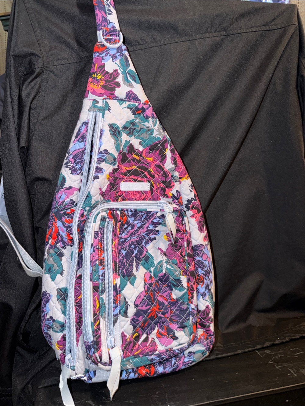 Vera Bradley Floral Quilted Sling Backpack in White, Purple, Teal, Pink
